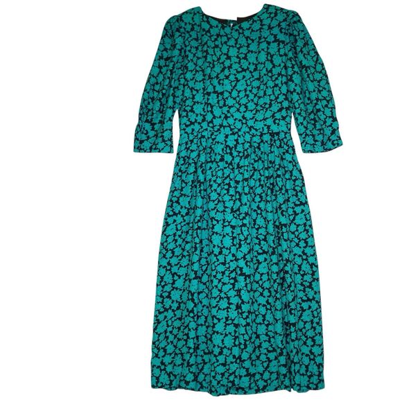 Vintage Lanz Midi Fit & Flare Dress 12 Green Floral Open Back Retro Coquette - Picture 2 of 14